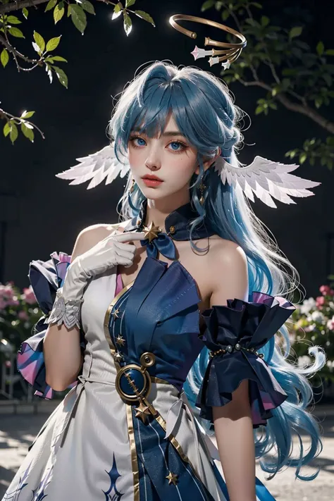 <lora:Honkai_Robin:0.75>,HonkaiStarRail_Robin,1girl,blue long hair,blue eyes,halo,head wings,blue&white dress,upper body,standing,(cowboy shot),(masterpiece,high quality,best quality),(colorful),(delicate eyes and face),volumatic light,ray tracing,extremely detailed CG unity 8k wallpaper,solo,outdoors,flowers,sunshine,park,trees,plants,