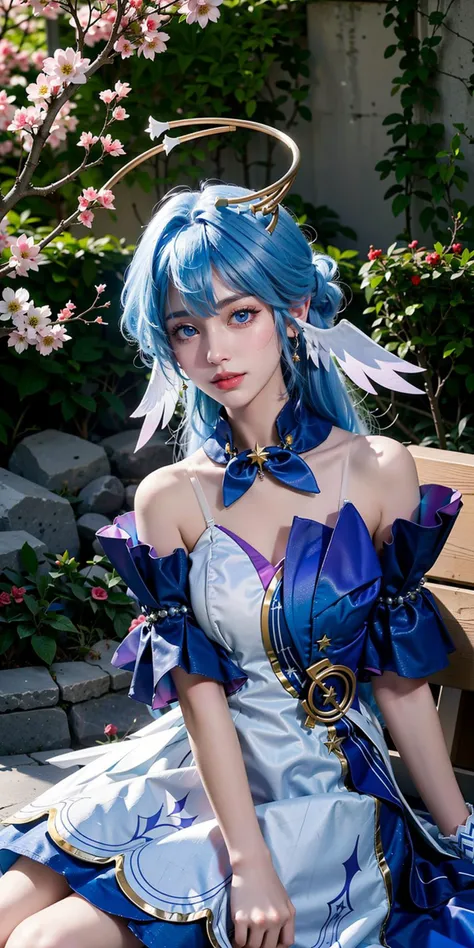 <lora:Honkai_Robin:0.8>,HonkaiStarRail_Robin,1girl,smile,blue long hair,blue eyes,(halo,head wings),blue&white dress,upper body,sitting on the bench,(cowboy shot),(masterpiece,high quality,best quality),(colorful),(delicate eyes and face),volumatic light,ray tracing,extremely detailed CG unity 8k wallpaper,solo,outdoors,town,houses,paths,castle,sunshine,trees,flowers,