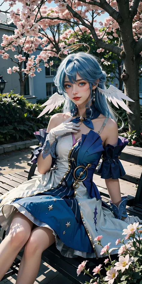 <lora:Honkai_Robin:0.8>,HonkaiStarRail_Robin,1girl,smile,blue long hair,blue eyes,(halo,head wings),blue&white dress,upper body,sitting on the bench,(cowboy shot),(masterpiece,high quality,best quality),(colorful),(delicate eyes and face),volumatic light,ray tracing,extremely detailed CG unity 8k wallpaper,solo,outdoors,town,houses,paths,castle,sunshine,trees,flowers,