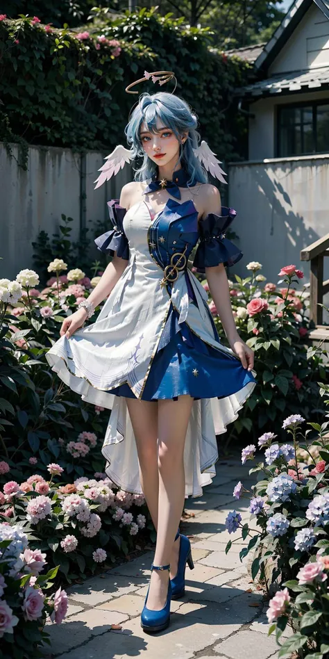 <lora:Honkai_Robin:0.8>,HonkaiStarRail_Robin,1girl,smile,blue long hair,blue eyes,(halo,head wings),blue&white dress,full body,standing,(cowboy shot),(masterpiece,high quality,best quality),(colorful),(delicate eyes and face),volumatic light,ray tracing,extremely detailed CG unity 8k wallpaper,solo,outdoors,town,houses,paths,castle,sunshine,trees,flowers,