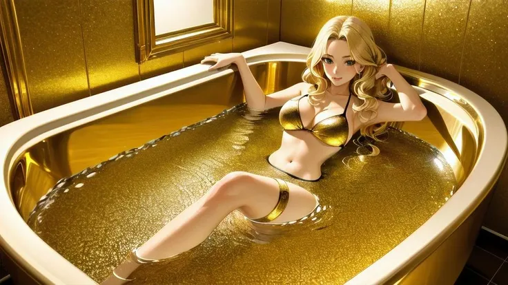 masterpiece, 
1girl,  Luxury mature female, blonde hair, wavy hair, medium hair, bathing, bikini, large breasts, solo,  
 gold bathroom, gold floor, gold bathtub, gold floor,  wide shot,  <lora:gold_bathroom_v1.0:1>