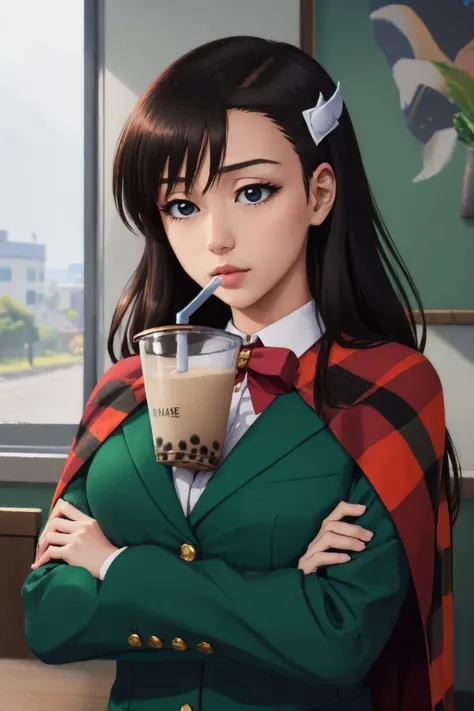 (masterpiece, best quality:1.2), <lyco:burnthewitch_niihashi-10:0.8>, <lyco:concept_bubbleteachallenge-16:1.0>, solo, 1girl, niihashi noel, bubble tea challenge, drinking straw, crossed arms, hair ornament, green jacket, capelet, bow