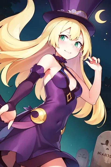 <lora:ricegnat_style:0.8>,centered, award winning photo, (looking at viewer:1.2), | Haunter_Pokemon, floating | crescent moon, graveyard, | bokeh, depth of field, cinematic composition, | <lora:Haunter_Pokemon_Anime:0.9>, aalillie, 1girl, green eyes, smile, very long hair, blonde hair, long blonde hair, (braid:1.1), bangs, medium breasts, hair ribbon, frilled choker, criss-cross halter, (purple dress dress:1.1), sleeveless dress, high-waist skirt, backless dress, waist bow, black detached sleeves, frilled sleeves, small top hat, <lora:lillie_(pokemon)_v1:0.7>,