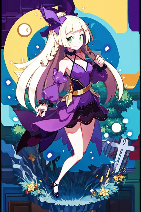 <lora:Harada_Takehito_Background_Dim32:0.8>,centered, award winning photo, (looking at viewer:1.2), | Haunter_Pokemon, floating | crescent moon, graveyard, | bokeh, depth of field, cinematic composition, | <lora:Haunter_Pokemon_Anime:0.9>, aalillie, 1girl, green eyes, smile, very long hair, blonde hair, long blonde hair, (braid:1.1), bangs, medium breasts, hair ribbon, frilled choker, criss-cross halter, (purple dress dress:1.1), sleeveless dress, high-waist skirt, backless dress, waist bow, black detached sleeves, frilled sleeves, small top hat, <lora:lillie_(pokemon)_v1:0.7>,