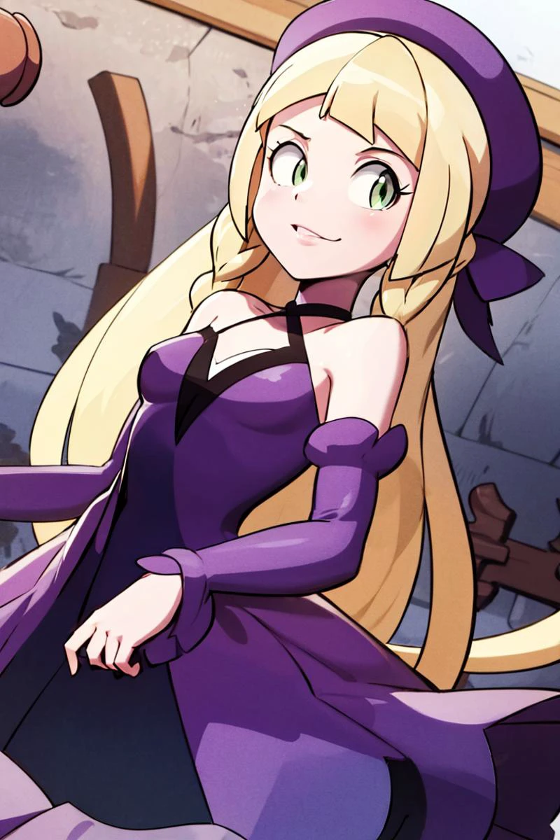 <lora:Bigdead_Style_Dim32:0.8>,centered, award winning photo, (looking at viewer:1.2), | Haunter_Pokemon, floating | crescent moon, graveyard, | bokeh, depth of field, cinematic composition, | <lora:Haunter_Pokemon_Anime:0.9>, aalillie, 1girl, green eyes, smile, very long hair, blonde hair, long blonde hair, (braid:1.1), bangs, medium breasts, hair ribbon, frilled choker, criss-cross halter, (purple dress dress:1.1), sleeveless dress, high-waist skirt, backless dress, waist bow, black detached sleeves, frilled sleeves, small top hat, <lora:lillie_(pokemon)_v1:0.7>,