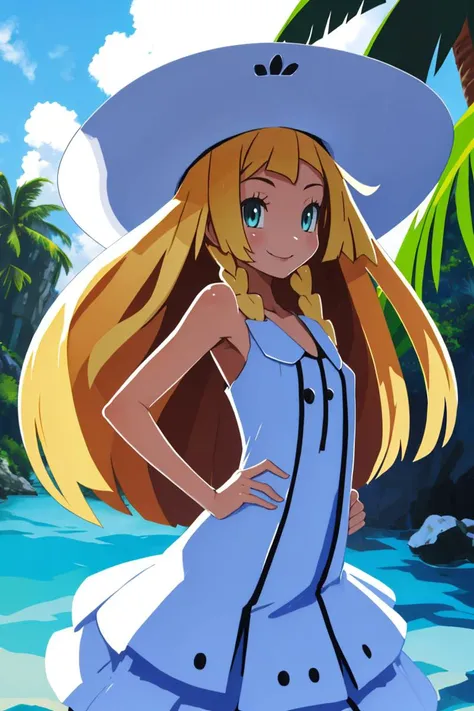 <lora:Harada_Takehito_v2_Repeats5:0.8>,masterpiece, best quality, highres, aalillie, long hair, braid, sun hat, white headwear, collarbone, sleeveless dress, white dress, <lora:lillie_(pokemon)_v1:0.7>, smile, outdoors, tropical beach, cowboy shot, standing