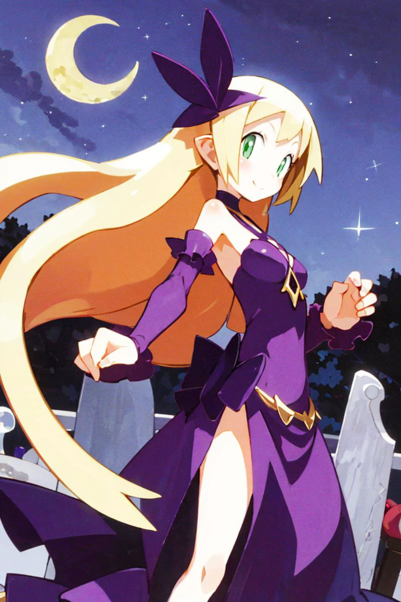 <lora:Harada_Takehito_v2_Repeats5:0.8>,centered, award winning photo, (looking at viewer:1.2), | Haunter_Pokemon, floating | crescent moon, graveyard, | bokeh, depth of field, cinematic composition, | <lora:Haunter_Pokemon_Anime:0.9>, aalillie, 1girl, green eyes, smile, very long hair, blonde hair, long blonde hair, (braid:1.1), bangs, medium breasts, hair ribbon, frilled choker, criss-cross halter, (purple dress dress:1.1), sleeveless dress, high-waist skirt, backless dress, waist bow, black detached sleeves, frilled sleeves, small top hat, <lora:lillie_(pokemon)_v1:0.7>,
