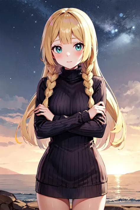 masterpiece, best quality, highres, aalillie, long hair, braid, <lora:lillie_(pokemon)_v1:0.7>, ribbed sweater, turtleneck, crossed arms, sweater dress,