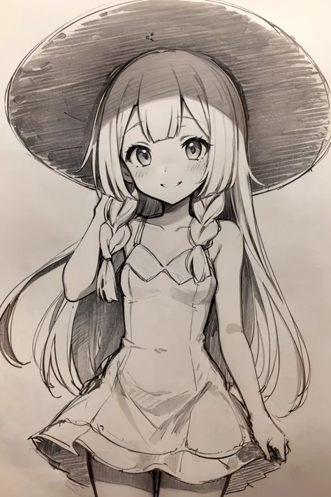 <lora:Pencil_Sketch_Dim64_SD-05:0.6>,(Pencil_Sketch:1.2, messy lines, greyscale, traditional media, sketch), unfinished, hatching (texture) , aalillie, long hair, braid, sun hat, white headwear, collarbone, sleeveless dress, white dress, <lora:lillie_(pokemon)_v1:0.7>, smile, outdoors, tropical beach, cowboy shot
