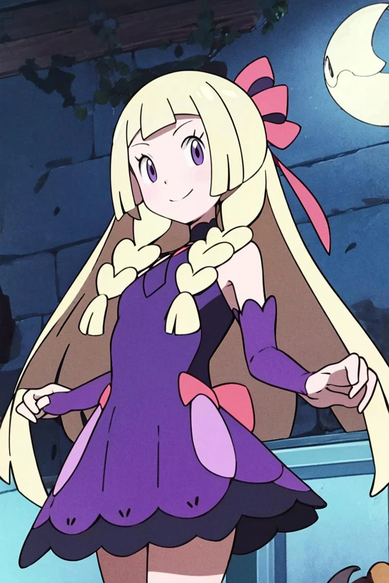 <lora:Alola_Style:0.65>,centered, award winning photo, (looking at viewer:1.2), | Haunter_Pokemon, floating | crescent moon, graveyard, | bokeh, depth of field, cinematic composition, | <lora:Haunter_Pokemon_Anime:0.9>, aalillie, 1girl, purple eyes, smile, very long hair, blonde hair, long blonde hair,( braid:1.1), bangs, medium breasts, hair ribbon, frilled choker, criss-cross halter, (purple dress dress:1.1), sleeveless dress, high-waist skirt, backless dress, waist bow, black detached sleeves, frilled sleeves, small top hat, <lora:lillie_(pokemon)_v1:0.7>,