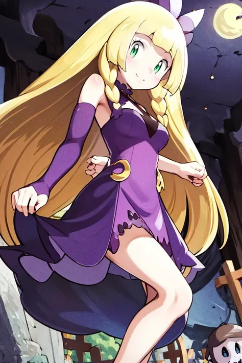 <lora:Gamma:0.8>,centered, award winning photo, (looking at viewer:1.2), | Haunter_Pokemon, floating | crescent moon, graveyard, | bokeh, depth of field, cinematic composition, | <lora:Haunter_Pokemon_Anime:0.9>, aalillie, 1girl, green eyes, smile, very long hair, blonde hair, long blonde hair, (braid:1.1), bangs, medium breasts, hair ribbon, frilled choker, criss-cross halter, (purple dress dress:1.1), sleeveless dress, high-waist skirt, backless dress, waist bow, black detached sleeves, frilled sleeves, small top hat, <lora:lillie_(pokemon)_v1:0.7>,