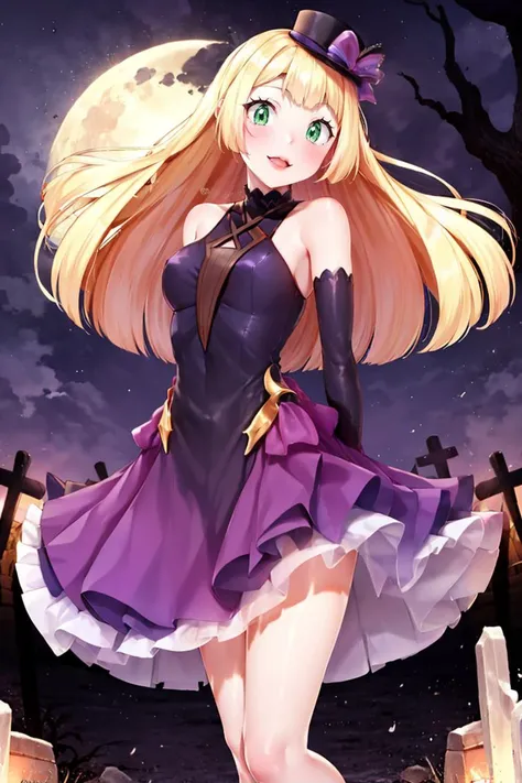 <lora:Puppypaww_Style:0.8>,centered, award winning photo, (looking at viewer:1.2), | Haunter_Pokemon, floating | crescent moon, graveyard, | bokeh, depth of field, cinematic composition, | <lora:Haunter_Pokemon_Anime:0.9>, aalillie, 1girl, green eyes, smile, very long hair, blonde hair, long blonde hair, (braid:1.1), bangs, medium breasts, hair ribbon, frilled choker, criss-cross halter, (purple dress dress:1.1), sleeveless dress, high-waist skirt, backless dress, waist bow, black detached sleeves, frilled sleeves, small top hat, <lora:lillie_(pokemon)_v1:0.7>,