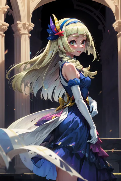masterpiece,best quality,1girl,lillie \(pokemon\),aalillie,long hair,braid,hairband,hair ornament,hair flower,bare shoulders,blue dress,long dress,sleeveless,elbow gloves,white gloves,smile,dignified,standing,luxury hall,from side,<lora:CHAR-Pokemon-Lillie _v1-h_madoka:0.7>,<lora:Concept-control tool-add_detail-CyberAIchemist:1>,