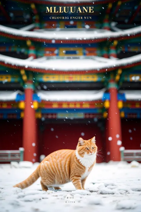 orange tabby cat,walking,snow,(snowing:1.2),traditional Chinese architecture,bokeh background,sunlight,winter,focused,outdoor,(close-up:1.3),portrait painting,cold weather,movement,animal portrait,vibrant color,clarity,shallow depth of field,falling snowflakes,daytime,fluffy,sky,blue sky and white clouds,