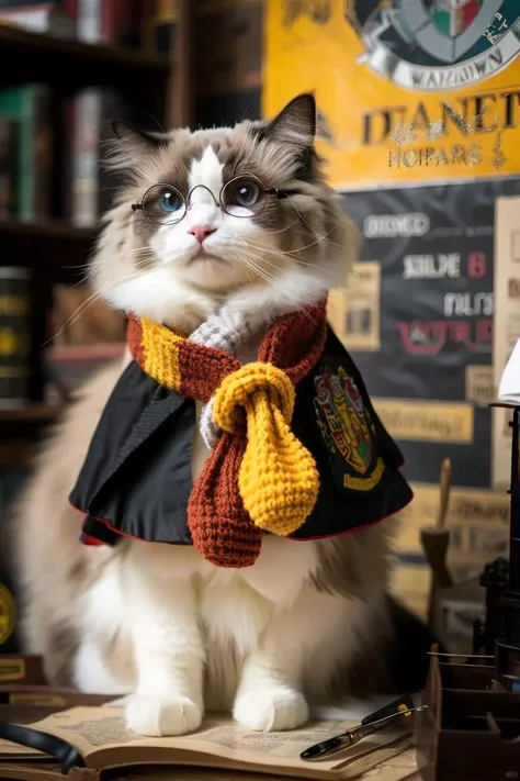 ragdoll,Harry Potter theme,costume,glasses,Gryffindor scarf,wand,cape,Hogwarts Express poster,warm lighting,cat,bokeh,wizarding world,animal cosplay,indoor,focused subject,blurred background,whimsical,fan art,silver eyeglass frame,