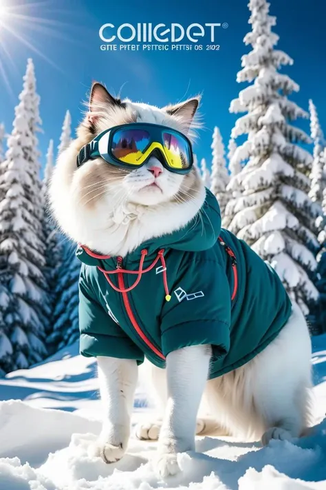 high quality,masterpiece,ragdoll,snow,cat,winter,ski goggles,dog coat,outdoor,snow-covered trees,animal wearing clothes,winter gear,cool,daytime,clear skies,canine,active,leisure,adventure,white,goggles,pet fashion,standing,four-legged.,photo,depth of field,