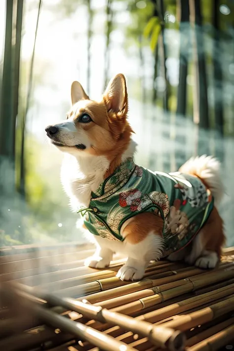 A white image shows a corgi in a bamboo forest, looking into the camera, wearing a green cheongsam with Chinese patterns, animal costumes, mist, mist, soft focus romantic style, stylish bazaar style, artwork by Haru Kikuchi, clean translucent, abstract creation, uhd image, close-up