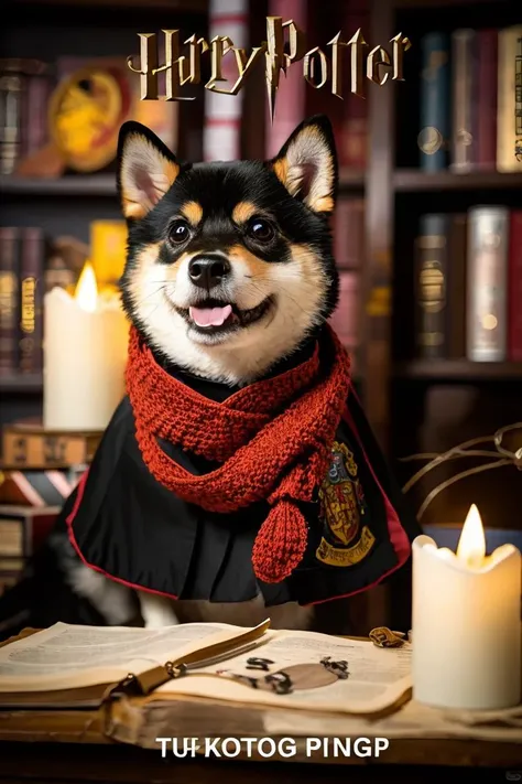 Shiba Inu dog, Harry Potter theme, Gryffindor scarf, Hogwarts crest, candle, books, wand, lightning bolt, Harry Potter font, dark wood background, festive, wizarding aesthetic, portrait orientation, cosplay, fan art, fantasy, photo manipulation, vibrant colors, focused lighting, indoor setting, dog posing, cute animal, movie-inspired, fictional character representation.