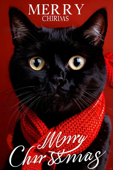 black cat,green eyes,red scarf,white fur trim,Merry Christmas text,vibrant yellow background,close-up,portrait orientation,festive theme,holiday greeting,pet photography,sharp focus,high contrast,indoor setting,