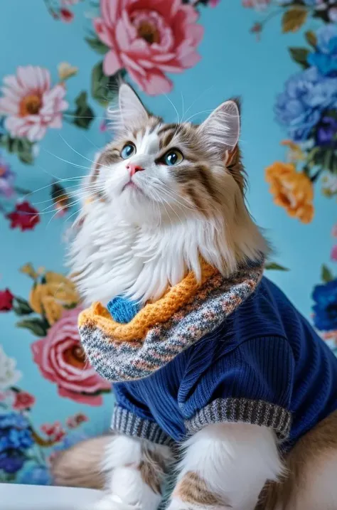 Siberian cat,floral backdrop,blue eyes,pet clothing,knitted sweater,orange accents,looking upward,indoor setting,professional photography,medium depth of field,vibrant colors,square format,detailed texture,animal portrait,