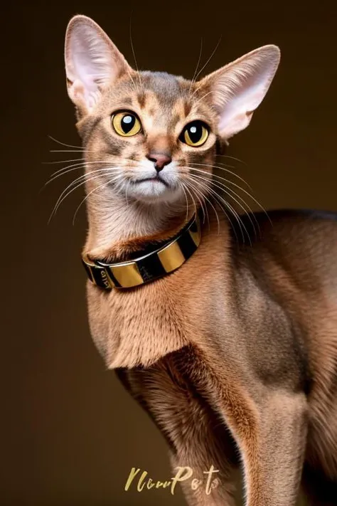 Abyssinian cat,close-up portrait,large ears,amber eyes,alert expression,brown fur,tassel collar,goggles,solid color background,studio photography,high-resolution image,indoor lighting,animal fashion,whiskers,pet portrait photography.,