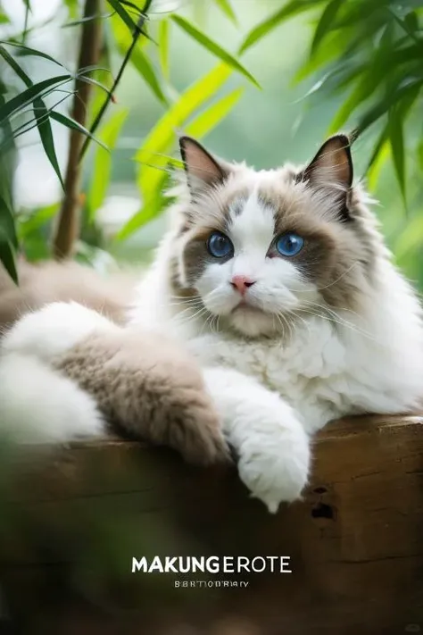 Ragdoll cat,blue eyes,white and grey fur,long-haired,focused gaze,bamboo,natural environment,outdoor setting,daylight,bokeh,animal portrait,serene,feline,whiskers,sharp foreground,blurred background,wildlife photography,tranquil.,