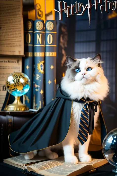 Ragdoll cat,Harry Potter theme,wizard costume,blue eyes,Hogwarts uniform,book background,crystal ball,indoor setting,magical ambiance,pet cosplay,striped tie,dark cloak,blurred background,fantasy,themed portrait,blue and gold color scheme,soft lighting,artistic photography,centered composition,text overlay ("Harry Potter"),bokeh effect,