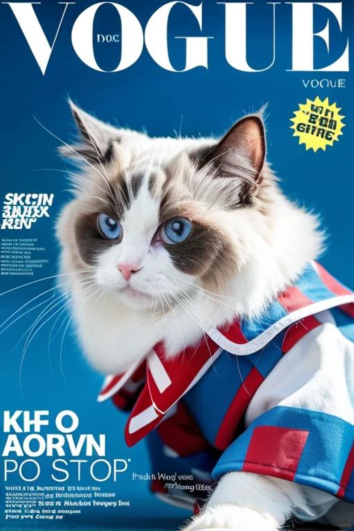 ragdoll cat, magazine cover parody, Vogue, fashion, pet clothing, blue background, close-up, studio shot, light-hearted, humorous