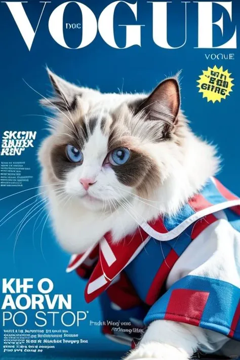 ragdoll cat, magazine cover parody, Vogue, fashion, pet clothing, blue background, close-up, studio shot, light-hearted, humorous