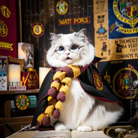 ragdoll,Harry Potter theme,costume,glasses,Gryffindor scarf,wand,cape,Hogwarts Express poster,warm lighting,cat,bokeh,wizarding world,animal cosplay,indoor,focused subject,blurred background,whimsical,fan art,silver eyeglass frame,high quality,smilely