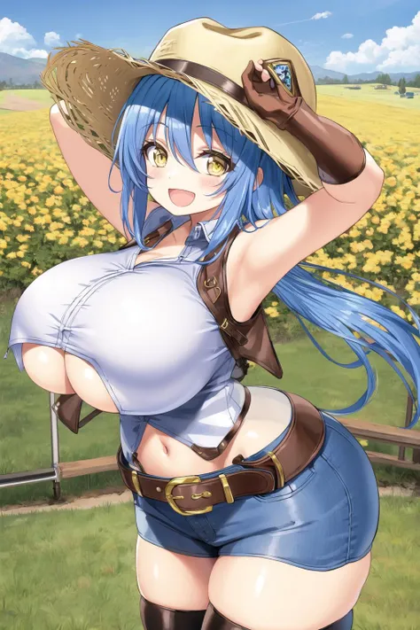 1girl, cow print, gloves, blue hair, hat, fingerless gloves, navel, animal print, thighhighs, , yellow eyes, short shorts, long hair, smile, twintails, belt, low twintails, open mouth, cleavage, midriff, cowboy hat, brown headwear, vest, solo, looking at viewer, farm, outdoors, wide , bell, brown gloves, white shirt, arm up, :d, sleeveless, tied shirt, underboob, <lora:Shuz-10:0.6>