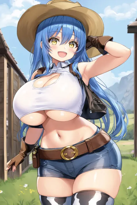 1girl, cow print, gloves, blue hair, hat, fingerless gloves, navel, animal print, thighhighs, gigantic breasts, yellow eyes, short shorts, long hair, smile, twintails, belt, low twintails, open mouth, cleavage, midriff, cowboy hat, brown headwear, vest, solo, looking at viewer, farm, outdoors, wide hips, bell, brown gloves, white shirt, arm up, :d, sleeveless, tied shirt, underboob, <lora:Shuz-10:0.6>