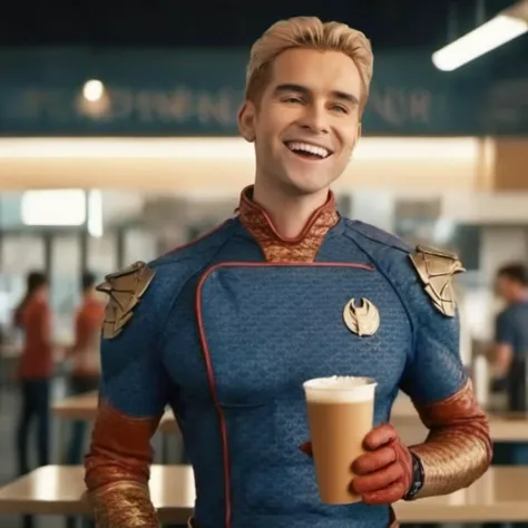 cinematic photo masterpiece, 8k wallpaper, best quality, photo realistic, realistic, HomeLander, <lora:HomeLander>, smile, closed mouth, holding cup of milk, drinking, standing, (cafeteria at the background,), . 35mm photograph, film, bokeh, professional, 4k, highly detailed