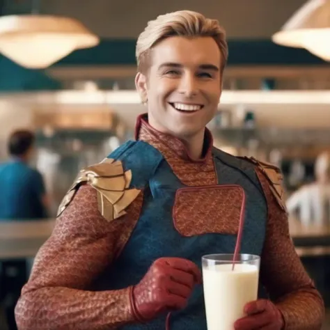 cinematic photo masterpiece, 8k wallpaper, best quality, photo realistic, realistic, HomeLander, <lora:HomeLander>, smile, closed mouth, holding a glass of milk, drinking, standing, (cafeteria at the background,), . 35mm photograph, film, bokeh, professional, 4k, highly detailed