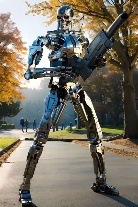 T800Endoskeleton, robot, chrome body, skull face, red eyes, standing, outside, park, trees, change season, summer to fall,
holding a gun, idle pose, battle pose, extreme detail, hdr, realistic quality, depth of field, <lora:sword_idle_pose:.4> <lora:T800Endoskeleton:.8>