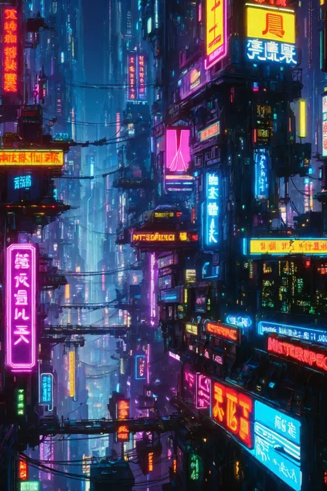 neon city at night with neon signs and buildings