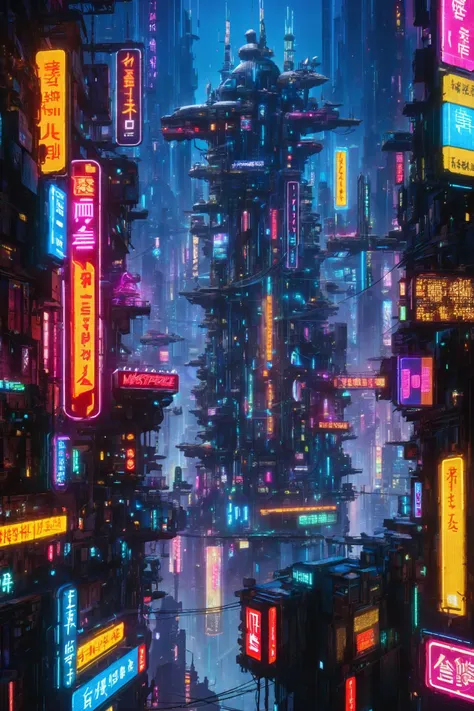 a view of a city with neon signs and buildings at night