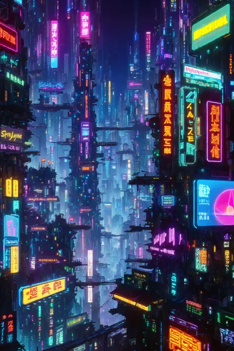 a city with neon lights and neon signs in the middle of it