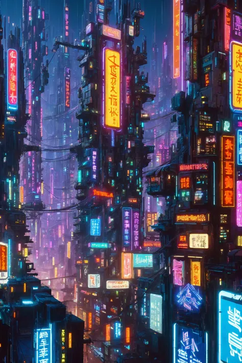 a close up of a city with neon signs and buildings