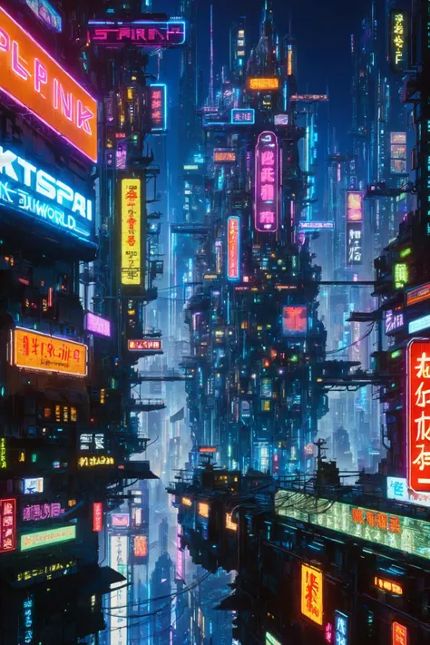 a close up of a city with neon signs and buildings