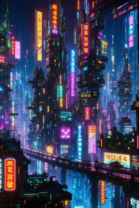 cyber city at night with neon lights and neon signs