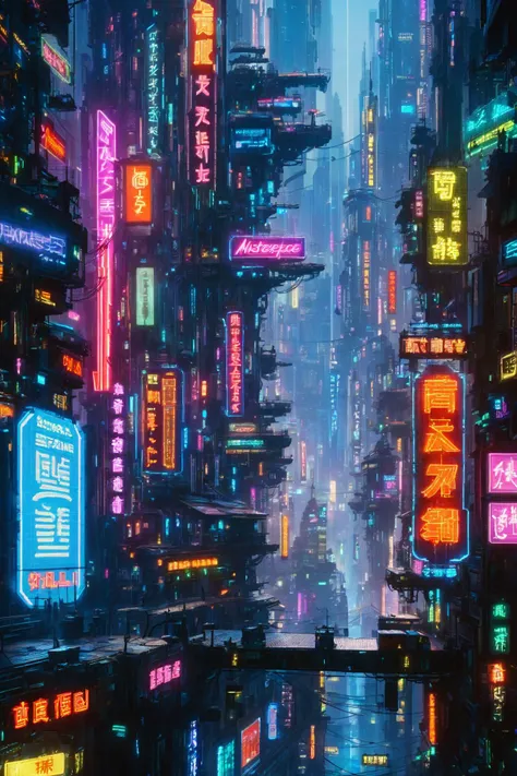 a view of a city street with neon signs and buildings