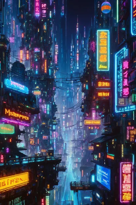 a city with neon signs and buildings in the middle of it