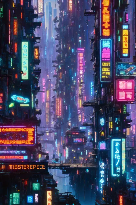 a close up of a city with neon signs and buildings