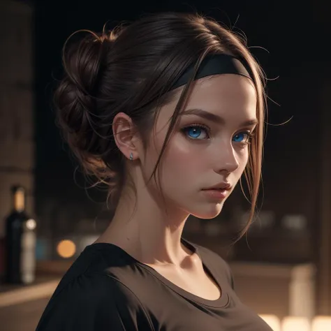 Best_QualityPos, RAW photo, intricate details, best quality, 8k uhd, soft lighting, 1girl, solo, blue eyes, black shirt, Salmon, Low chignon,   Updo with headband,  Frizz-prone