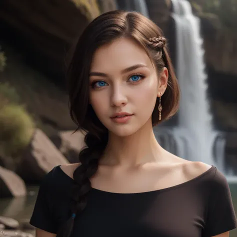 Best_QualityPos, RAW photo, intricate details, best quality, 8k uhd, soft lighting, 1girl, solo, blue eyes, black shirt, Peach, Bob,   Waterfall braid,  Coils