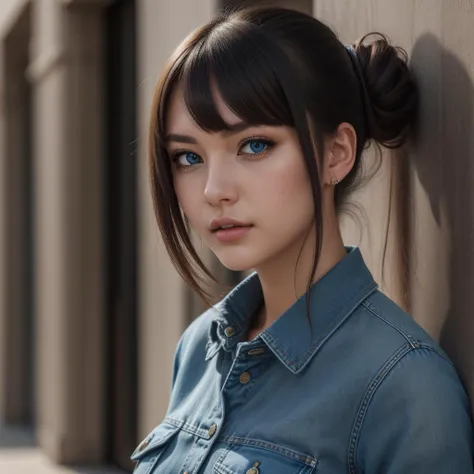 Best_QualityPos, RAW photo, intricate details, best quality, 8k uhd, soft lighting, 1girl, solo, blue eyes, black shirt, Denim Blue, Rolled bun,   Long bangs with layers,  Heavy