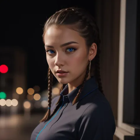 Best_QualityPos, RAW photo, intricate details, best quality, 8k uhd, soft lighting, 1girl, solo, blue eyes, black shirt, Merlot, Side-swept,   Cornrows,  Dip-dyed