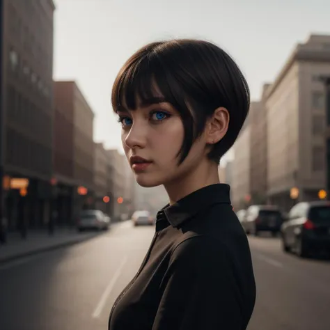 Best_QualityPos, RAW photo, intricate details, best quality, 8k uhd, soft lighting, 1girl, solo, blue eyes, black shirt, Obsidian, Choppy bangs,   Pixie cut,  Heavy