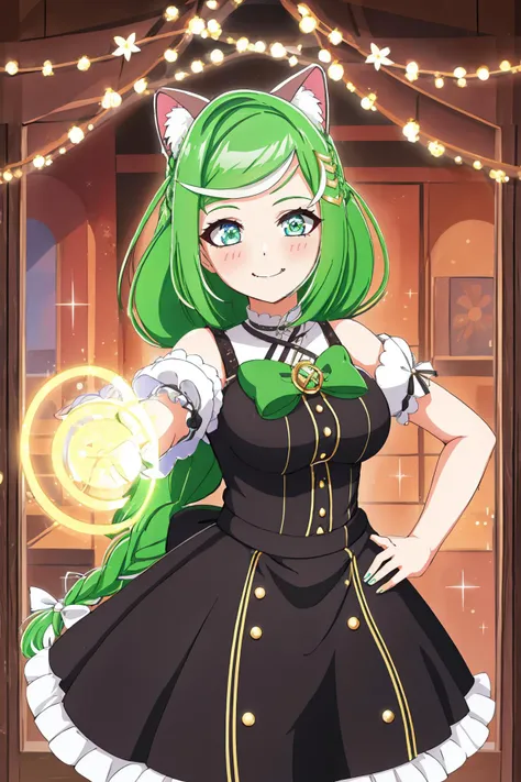sbertyan,1girl,green hair,green eyes,smile,long hair,braid,hair ornament,dress,<lora:sbertyan:0.6> terafuji-san, absurdres, alternate costume, animal ears, arm up, bangs, black dress, blonde hair, blue eyes, blush stickers, bow, braid, braided bun, breasts, brown bow, buttons, closed mouth, commentary request, cowboy shot, day, dress, english text, fangs, flower, food, frilled dress, fr